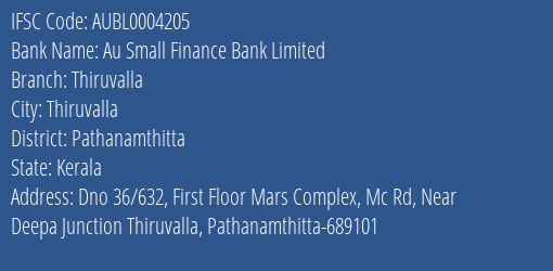 Au Small Finance Bank Limited Thiruvalla Branch, Branch Code 004205 & IFSC Code AUBL0004205