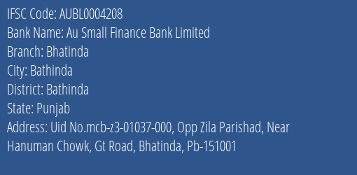 Au Small Finance Bank Limited Bhatinda Branch IFSC Code