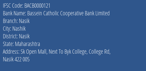 Bassein Catholic Cooperative Bank Limited Nasik Branch, Branch Code 000121 & IFSC Code BACB0000121