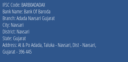 Bank Of Baroda Adada, Navsari, Gujarat Branch IFSC Code