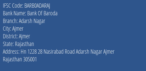 Bank Of Baroda Adarsh Nagar Branch, Branch Code ADARAJ & IFSC Code BARB0ADARAJ