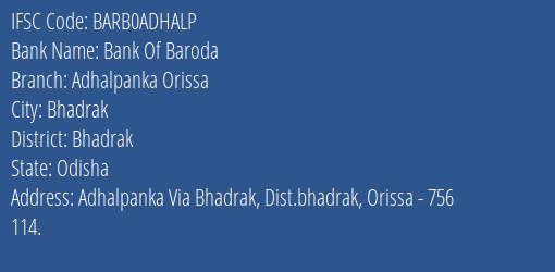 Bank Of Baroda Adhalpanka, Orissa Branch IFSC Code