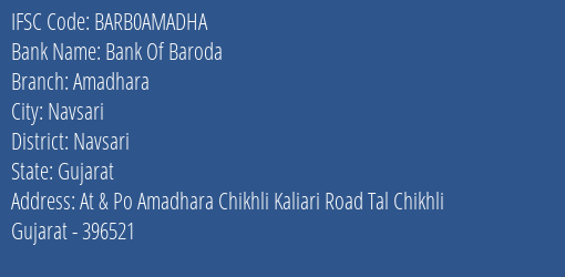 Bank Of Baroda Amadhara Branch, Branch Code AMADHA & IFSC Code BARB0AMADHA