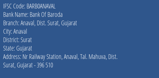 Bank Of Baroda Anaval Dist. Surat Gujarat Branch Surat IFSC Code BARB0ANAVAL