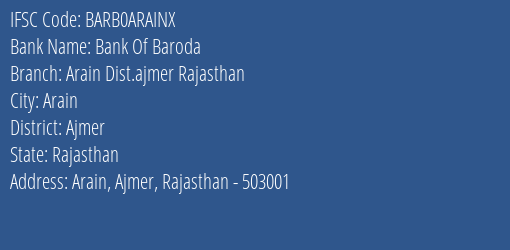 Bank Of Baroda Arain Dist.ajmer Rajasthan Branch IFSC Code