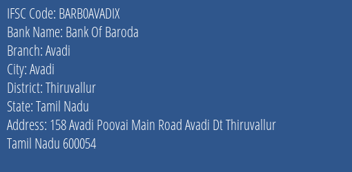 Bank Of Baroda Avadi Branch, Branch Code AVADIX & IFSC Code BARB0AVADIX