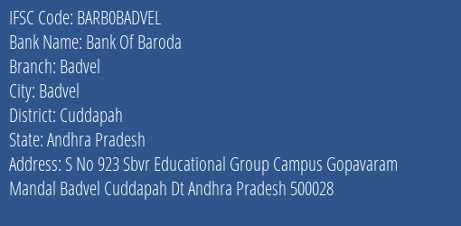 Bank Of Baroda Badvel Branch, Branch Code BADVEL & IFSC Code BARB0BADVEL