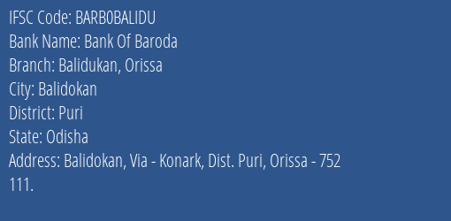 Bank Of Baroda Balidukan Orissa Branch Puri IFSC Code BARB0BALIDU