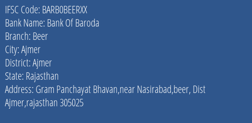 Bank Of Baroda Beer Branch, Branch Code BEERXX & IFSC Code BARB0BEERXX