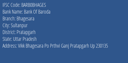 Bank Of Baroda Bhagesara Branch Pratapgarh IFSC Code BARB0BHAGES