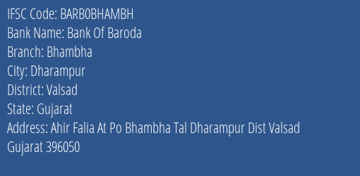 Bank Of Baroda Bhambha Branch, Branch Code BHAMBH & IFSC Code BARB0BHAMBH