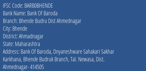 Bank Of Baroda Bhende Budru Dist Ahmednagar Branch Ahmadnagar IFSC Code BARB0BHENDE