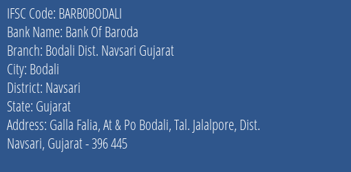 Bank Of Baroda Bodali Dist. Navsari Gujarat Branch, Branch Code BODALI & IFSC Code BARB0BODALI