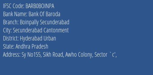 Bank Of Baroda Boinpally Secunderabad Branch IFSC Code