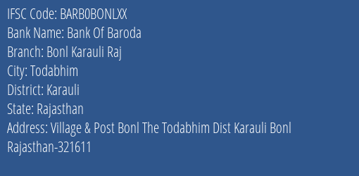 Bank Of Baroda Bonl Karauli Raj Branch Karauli IFSC Code BARB0BONLXX