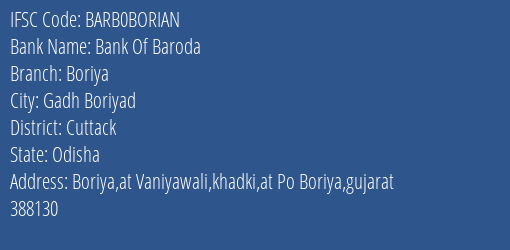 Bank Of Baroda Boriya Branch, Branch Code BORIAN & IFSC Code BARB0BORIAN