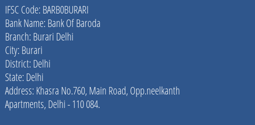 Bank Of Baroda Burari Delhi Branch, Branch Code BURARI & IFSC Code BARB0BURARI