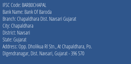 Bank Of Baroda Chapaldhara Dist. Navsari Gujarat Branch IFSC Code