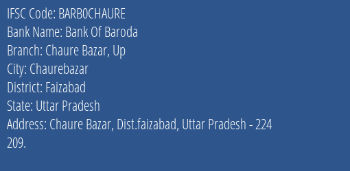 Bank Of Baroda Chaure Bazar Up Branch Faizabad IFSC Code BARB0CHAURE