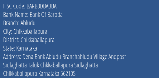 Bank Of Baroda Abludu Branch Chikkaballapura IFSC Code BARB0DBABBA