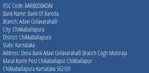 Bank Of Baroda Adavi Golavarahalli Branch Chikkaballapura IFSC Code BARB0DBADAV