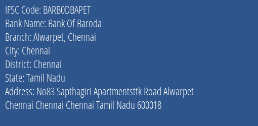 Bank Of Baroda Alwarpet Chennai Branch IFSC Code