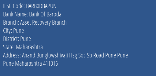 Bank Of Baroda Asset Recovery Branch Branch, Branch Code DBAPUN & IFSC Code Barb0dbapun