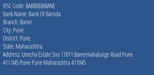 Bank Of Baroda Baner Branch, Branch Code DBBANE & IFSC Code Barb0dbbane
