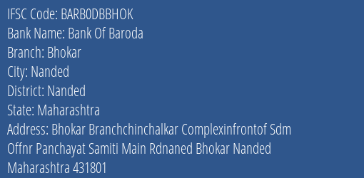 Bank Of Baroda Bhokar Branch Nanded IFSC Code BARB0DBBHOK