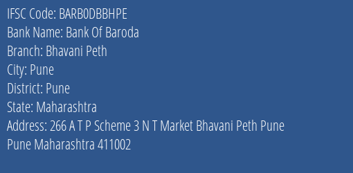 Bank Of Baroda Bhavani Peth Branch, Branch Code DBBHPE & IFSC Code Barb0dbbhpe