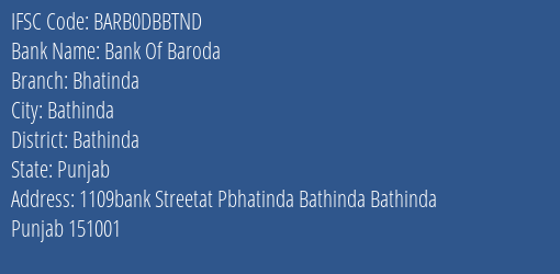 Bank Of Baroda Bhatinda Branch Bathinda IFSC Code BARB0DBBTND