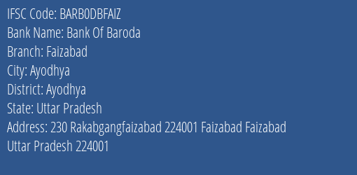 Bank Of Baroda Faizabad Branch Ayodhya IFSC Code BARB0DBFAIZ