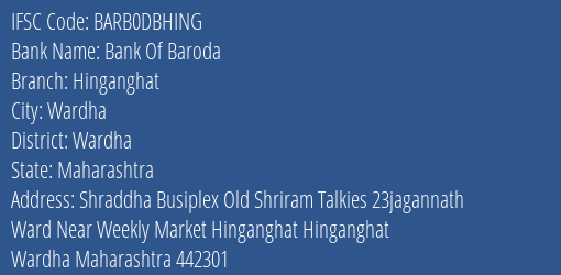 Bank Of Baroda Hinganghat Branch Wardha IFSC Code BARB0DBHING