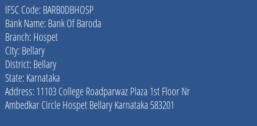 Bank Of Baroda Hospet Branch Bellary IFSC Code BARB0DBHOSP