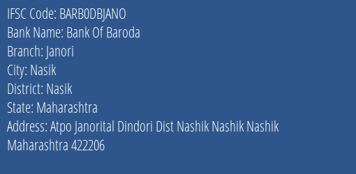 Bank Of Baroda Janori Branch Nasik IFSC Code BARB0DBJANO
