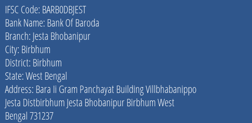 Bank Of Baroda Jesta Bhobanipur Branch Birbhum IFSC Code BARB0DBJEST