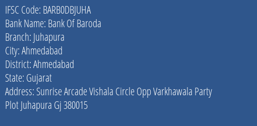 Bank Of Baroda Juhapura Branch, Branch Code DBJUHA & IFSC Code BARB0DBJUHA