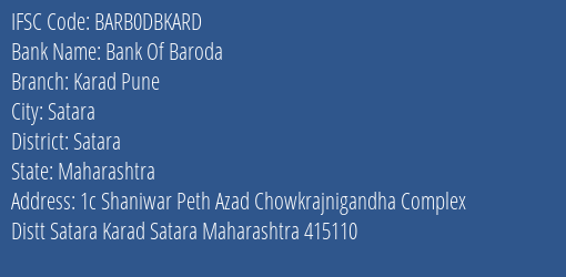 Bank Of Baroda Karad Pune Branch Satara IFSC Code BARB0DBKARD