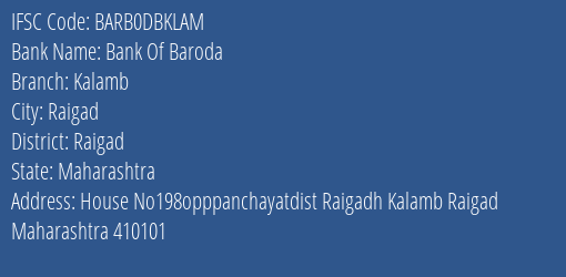 Bank Of Baroda Kalamb Branch Raigad IFSC Code BARB0DBKLAM