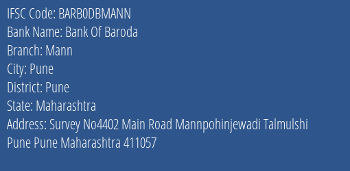 Bank Of Baroda Mann Branch Pune IFSC Code BARB0DBMANN