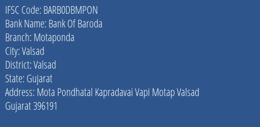 Bank Of Baroda Motaponda Branch, Branch Code DBMPON & IFSC Code BARB0DBMPON