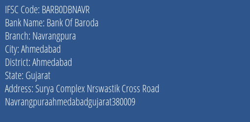 Bank Of Baroda Navrangpura Branch Ahmedabad IFSC Code BARB0DBNAVR