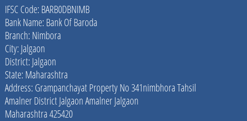 Bank Of Baroda Nimbora Branch Jalgaon IFSC Code BARB0DBNIMB