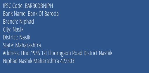 Bank Of Baroda Niphad Branch, Branch Code DBNIPH & IFSC Code Barb0dbniph