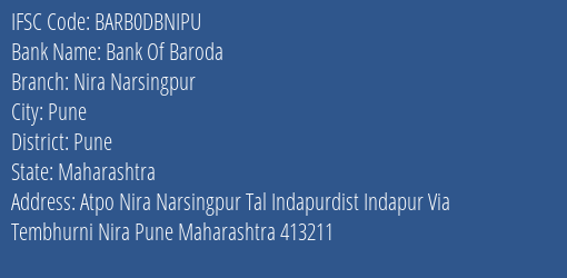 Bank Of Baroda Nira Narsingpur Branch, Branch Code DBNIPU & IFSC Code Barb0dbnipu