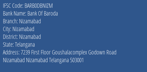 Bank Of Baroda Nizamabad Branch Nizamabad IFSC Code BARB0DBNIZM