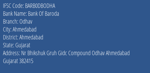 Bank Of Baroda Odhav Branch, Branch Code DBODHA & IFSC Code BARB0DBODHA