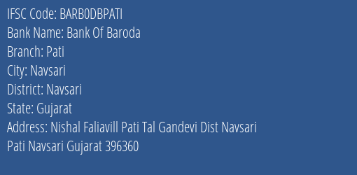 Bank Of Baroda Pati Branch Navsari IFSC Code BARB0DBPATI