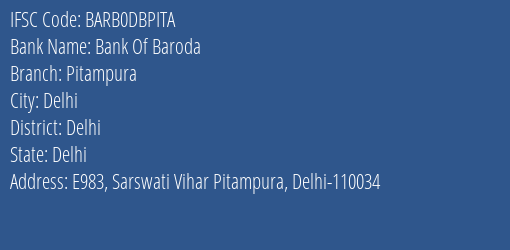 Bank Of Baroda Pitampura Branch Delhi IFSC Code BARB0DBPITA