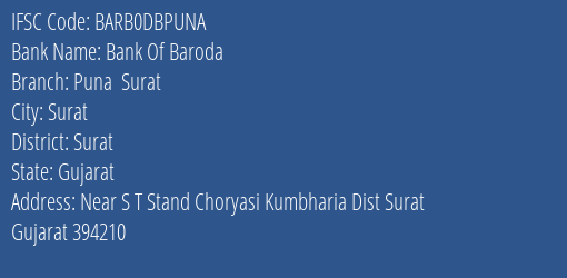 Bank Of Baroda Puna Surat Branch Surat IFSC Code BARB0DBPUNA